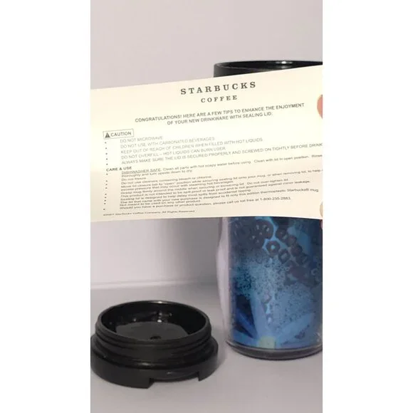 Starbucks New with Tag 2009 Blue Floral Travel Mug with Lid 12 Oz Double Wall - Picture 4 of 6